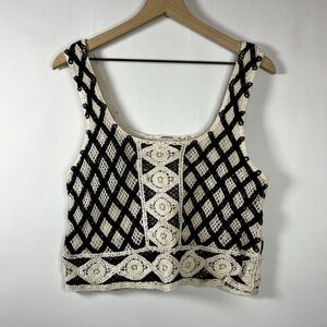 Z Supply Blouse Women Sz Medium Calle Crochet Tank Top Black Cream Cotton Blend‎